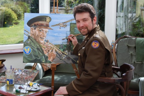 Artist Steve Harper with the Glenn Miller Painting ,Twinwood background and John Miller